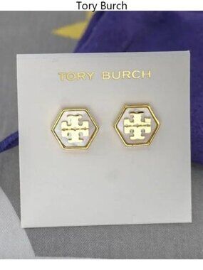 Tory Burch Hex Stud Earrings in Ivory Mother of Pearl (Brand New)